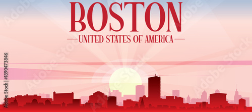 Red panoramic poster of the city skyline with misty background buildings, sunrise, moon and clouds of BOSTON, UNITED STATES