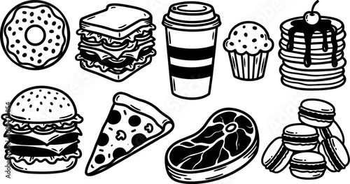 Black and white vector art set of sandwich burger pizza steak cupcake coffee donut pancakes and macarons icons