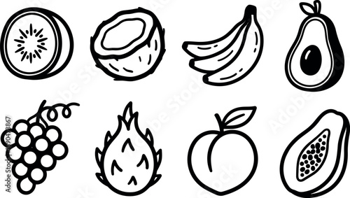 Hand drawn black and white line art fruit icons including kiwi, coconut, banana, avocado, grape, dragon fruit, peach, and papaya set