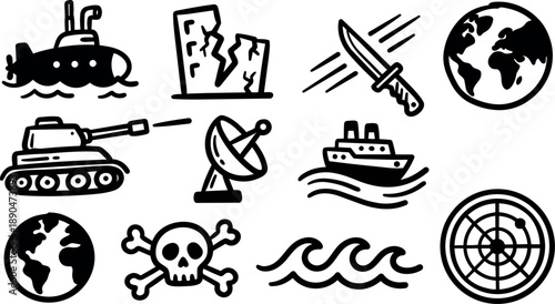 Hand drawn vector icons of war and nautical themes including submarine, tank firing, knife flying, ship sailing, radar screen, earth globe, skull and crossbones, waves, and satellite dish