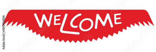 A red banner with the word welcome in white jagged edge design