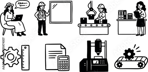 Hand drawn office woman chatting on laptop engineer holding window sheet factory worker controlling robotic arm with conveyor belt administrative woman standing by desk with files and calculator icons