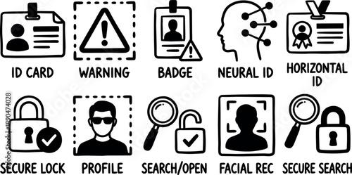 Hand drawn black and white vector icons set illustrating id card, warning, badge, neural id, secure lock, profile, search open, facial recognition, and secure search