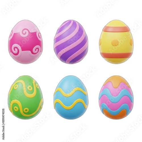 Six decorative easter eggs isolated on transparent background