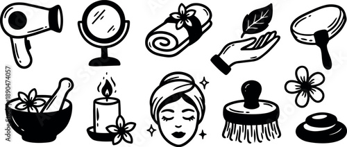 Black and white vector icons set of spa and beauty treatments with hair dryer towel face brush candle and flower design