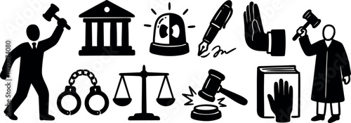 Black silhouette vector icons set depicting lawyer with gavel, courthouse, police siren, scales of justice and oath taking elements