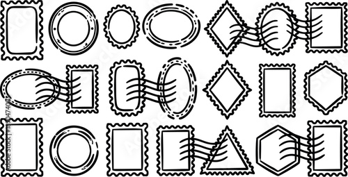 Black outline postal stamp and postmark shapes collection in various geometric forms vector set with wavy cancellation marks