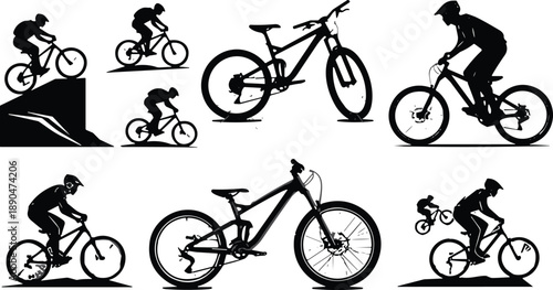 mountain biking, cyclist silhouette, bike stunts, black and white, biking action, sport illustration, bike jump, downhill rider, biking vector, trail riding, 