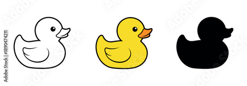 Cute rubber duck icons in outline, yellow color, and solid silhouette styles, playful flat illustration for kids and baby design.