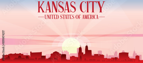 Red panoramic poster of the city skyline with misty background buildings, sunrise, moon and clouds of KANSAS CITY, UNITED STATES
