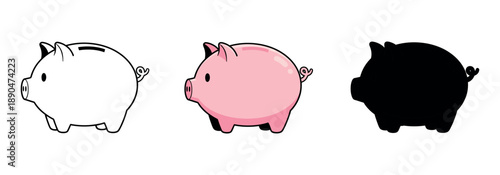Piggy bank icons in outline, pink color, and solid silhouette styles, symbolizing savings, finance, and money management concepts.