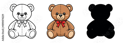 Cute teddy bear with bow icon set in outline, color, and silhouette styles, perfect for gifts, children branding, and decor.