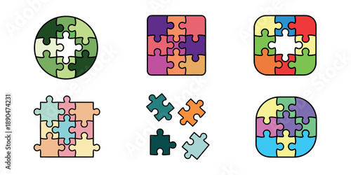 Set of puzzle icons featuring different shapes like circle, square, and colorful designs, symbolizing unity, problem-solving, and collaboration.