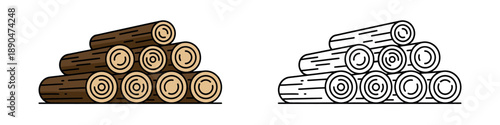 Illustration of a stacked wood log pile in flat and line art styles. Clean vector icons for timber, forestry, and heating firewood industries.