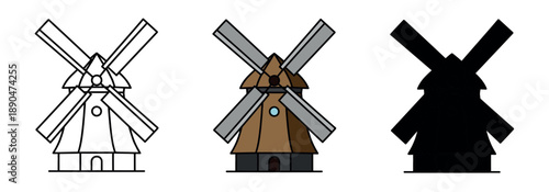 Vector illustration set of a classic Dutch windmill in outline, color, and silhouette styles. European landmark icon for energy and agriculture