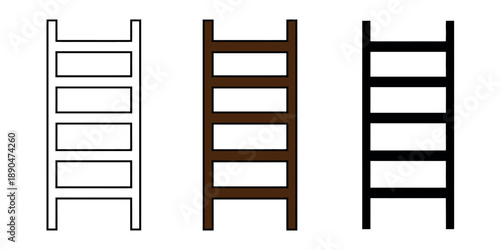 Simple wooden ladder icon in outline, flat color, and silhouette versions. Industrial and household tool vector for construction and climbing.