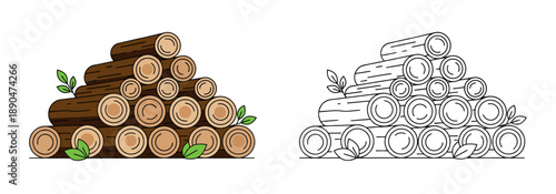 Stacked logs with green leaves, in a colorful, minimalistic design, symbolizing sustainability and eco-friendly living, suitable for environmental themes.