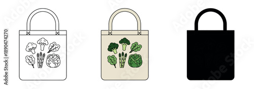 Eco-friendly canvas tote bag icons with fresh vegetable illustrations. Set including outline, color, and silhouette versions for sustainable living.