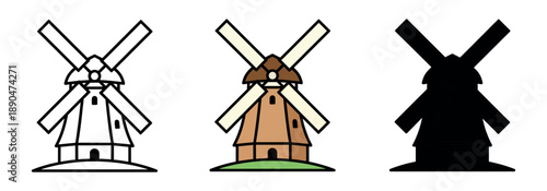 Minimalist windmill icon on a green hill in three different styles. Graphic representation of renewable energy, farming, and countryside scenery.
