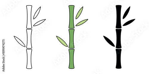 Single bamboo stalk shown in line art, color, and silhouette styles. Minimalist botanical icon for tropical, zen, and natural design projects.