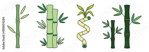Detailed bamboo stalk icons in various shapes and arrangements. Vector set featuring green tones for Asian-inspired design and natural themes.