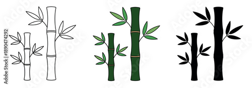 Illustration of two bamboo stalks of different heights with leaves. Set of three graphic styles: outline, flat color, and black silhouette.