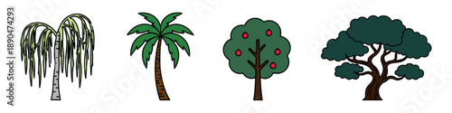 Set of four detailed tree illustrations including a willow, palm, fruit tree, and oak. Flat vector icons for nature and ecology concepts.