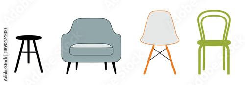 Collection of modern furniture icons including a stool, armchair, and designer chairs. Minimalist interior design elements in soft colors