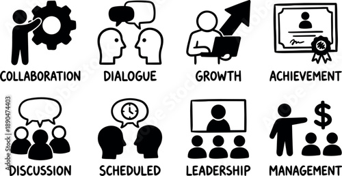 Black and white flat design business icons showing collaboration dialogue growth achievement discussion scheduled leadership and management concepts
