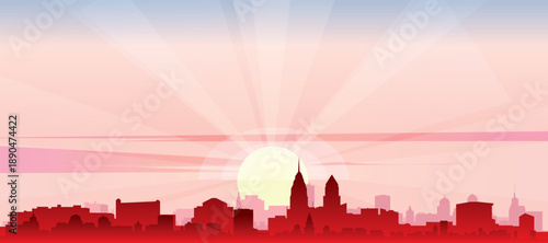 Red panoramic poster of the city skyline with misty background buildings, sunrise, moon and clouds of PHILADELPHIA, UNITED STATES