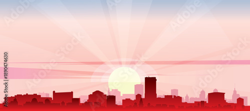 Red panoramic poster of the city skyline with misty background buildings, sunrise, moon and clouds of LOS ANGELES, UNITED STATES