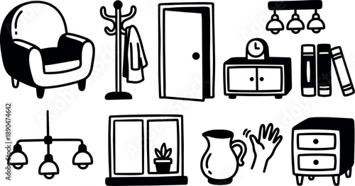 Hand drawn black and white vector icons of living room furniture armchair coat rack door clock cabinet books lamps window pitcher waving hand and nightstand
