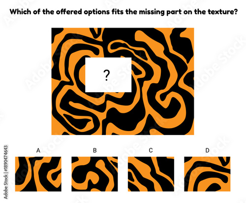 IQ abstract logical reasoning question with one main graphic from which a part is missing and four given options. Which of the offered options fits the missing part of the texture. The B. option is th