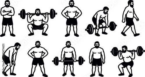 Black and white vector art of muscular man performing barbell squats deadlifts and standing poses fitness workout gym exercises illustrated in minimal style