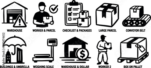 Black and white vector icons set showing warehouse, worker holding parcel, checklist, large parcel, conveyor belt, buildings under umbrella, weighing scale, warehouse with dollar