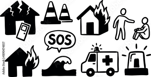Black and white emergency relief icons including burning houses, ambulance, sos speech bubble, traffic cones, wave symbol and people in distress vector art