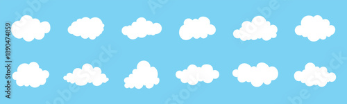 Flat cloud. Simple cloudy shapes. Cartoon white puffy, fluffy and cumulus clouds in blue sky. Abstract comic weather elements. Objects cloudscape for game. Vector collection.