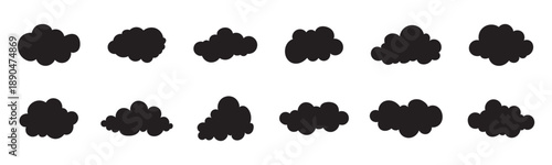 Flat cloud. Simple cloudy shapes. Cartoon white puffy, fluffy and cumulus clouds in blue sky. Abstract comic weather elements. Objects cloudscape for game. Vector collection.