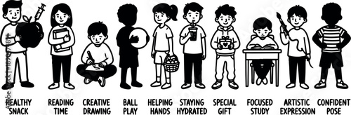 Black and white vector art showing children engaged in healthy snack holding apple, reading time with book, creative drawing sitting cross legged, and ball play silhouette