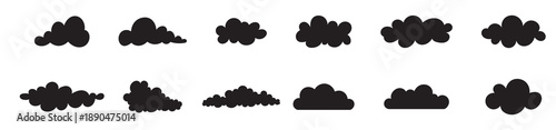 Collection of diverse black cloud shapes and silhouettes on a white background