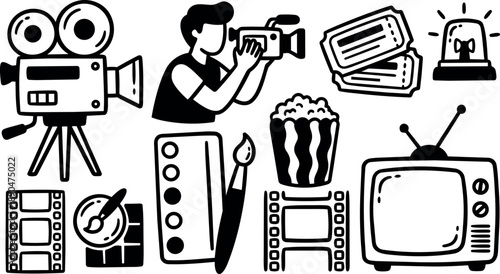 Hand drawn black and white retro film camera vintage vector art with popcorn tickets old television and emergency light illustrations