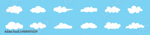 A charming collection of various white cartoon clouds floating serenely in a blue sky