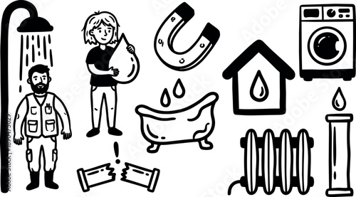 Black and white vector icons showing plumber with shower dripping water broken pipe bathtub house icon and washing machine for plumbing services