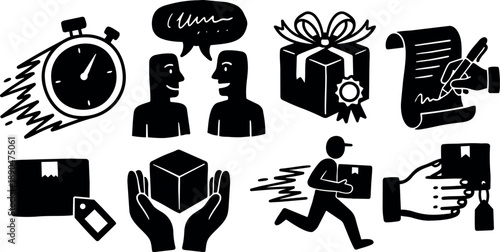 Black silhouette fast delivery icons including running courier carrying package, stopwatch, gift box, and contract signing hand