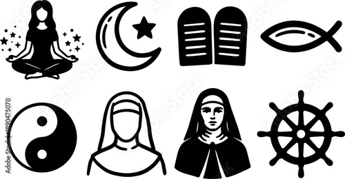 Black and white vector icons set featuring yoga meditation, crescent moon with star, religious tablets, christian fish, yin yang symbol, nun figure, and ship wheel designs