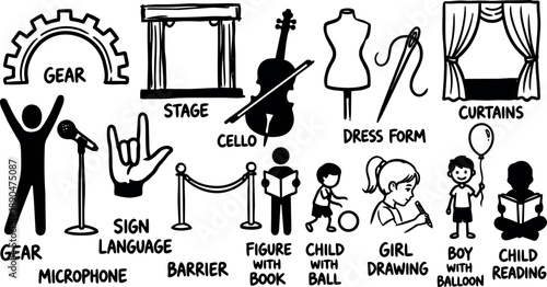 Black and white line art vector icons gear stage cello dress form curtains microphone sign language barrier figure with book child with ball girl drawing boy with balloon child reading