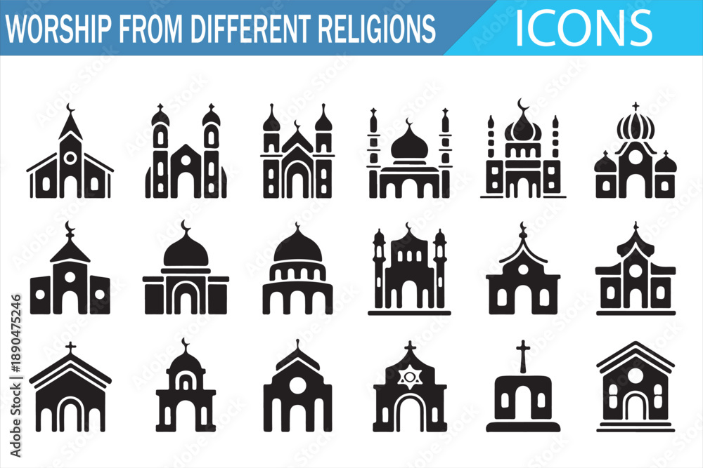 Fototapeta premium Global Religion Worship Icons in Minimal Black Solid Vector Design