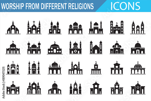 Spiritual Worship Building Icons Collection Representing Different World Religions