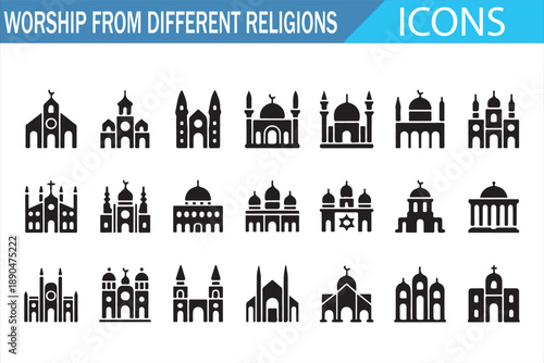 Minimal Religion Worship Icons Representing Global Faith Traditions