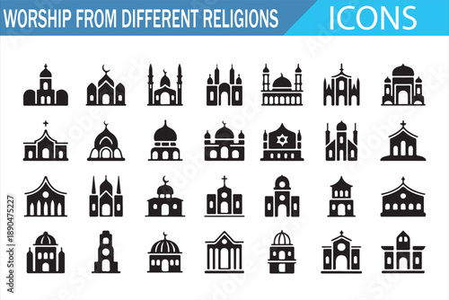 Faith Based Worship Place Icons Set for Spiritual and Cultural Design